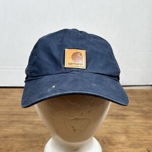 Carhartt Hat Cap Strap Back Blue Leather Logo Patch Workwear Outdoor Adjustable